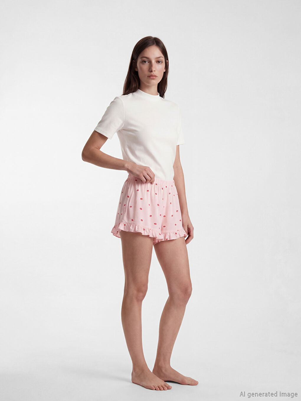 Pembe Beli Lastikli Desenli Kadın Şort Pijama Altı