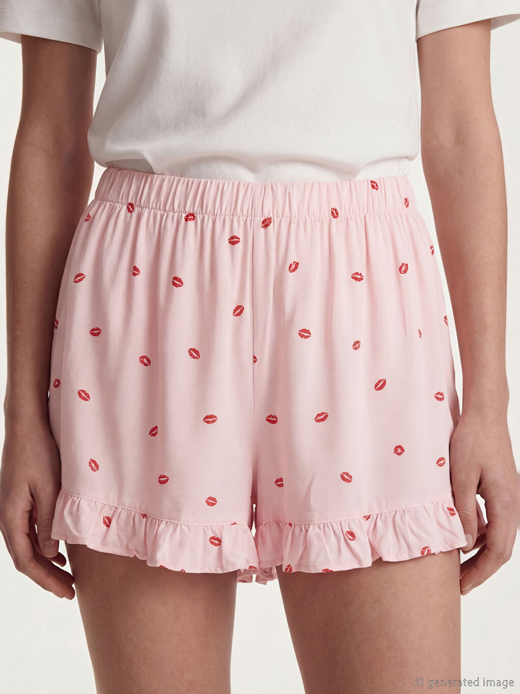 Pembe Beli Lastikli Desenli Kadın Şort Pijama Altı-2