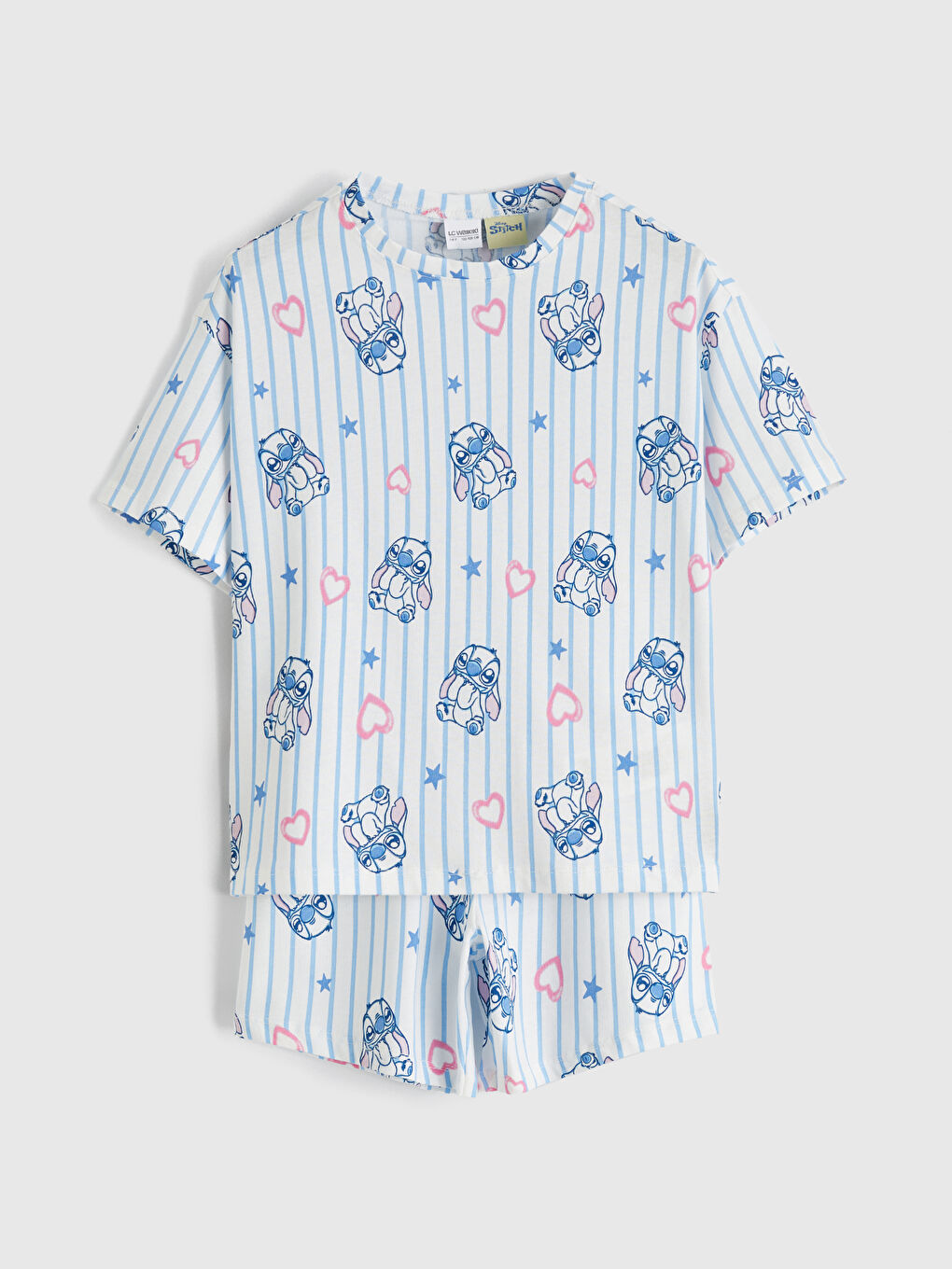 Ekru Stitch Baskılı Kız Çocuk Şortlu Pijama Takımı