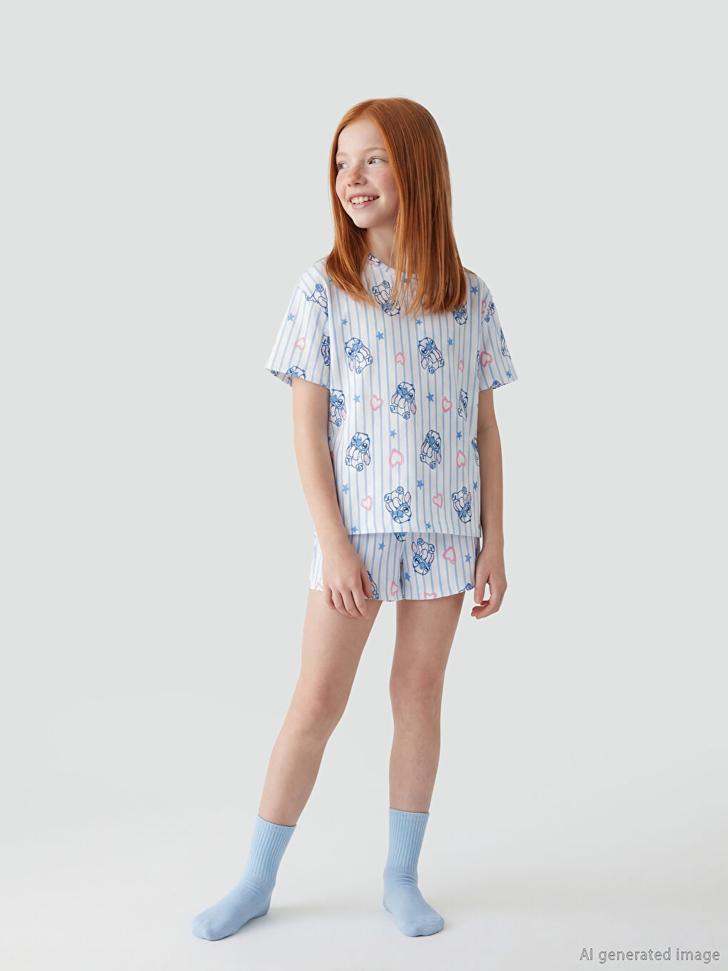 Ekru Stitch Baskılı Kız Çocuk Şortlu Pijama Takımı