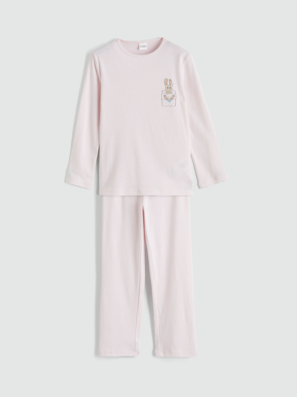 Ekru Çizgili Tavşan Baskılı Kız Çocuk Pijama Takım