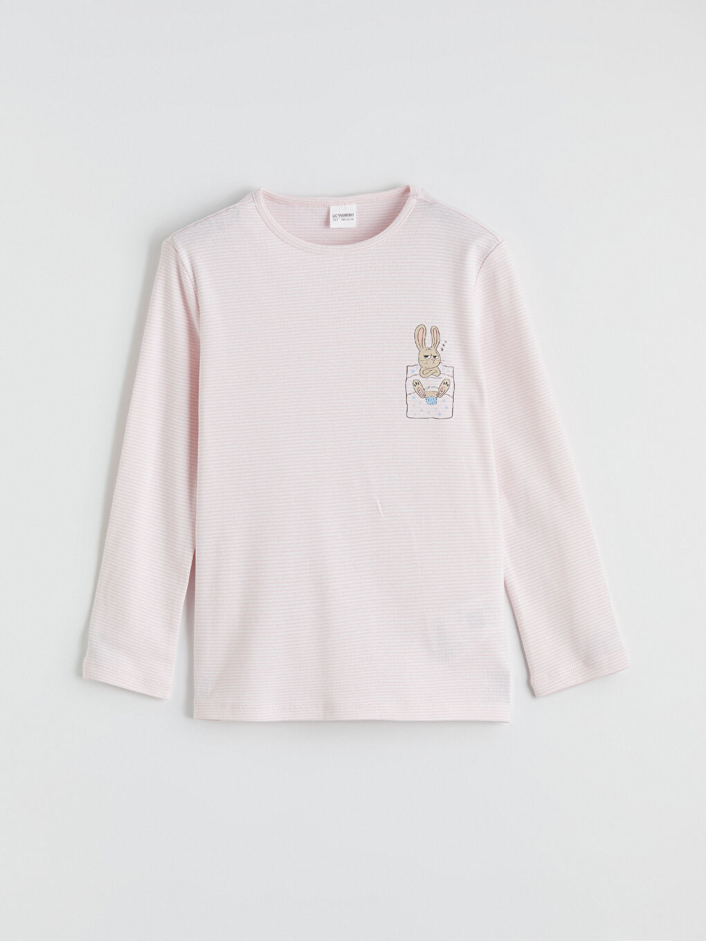 Ekru Çizgili Tavşan Baskılı Kız Çocuk Pijama Takım-1