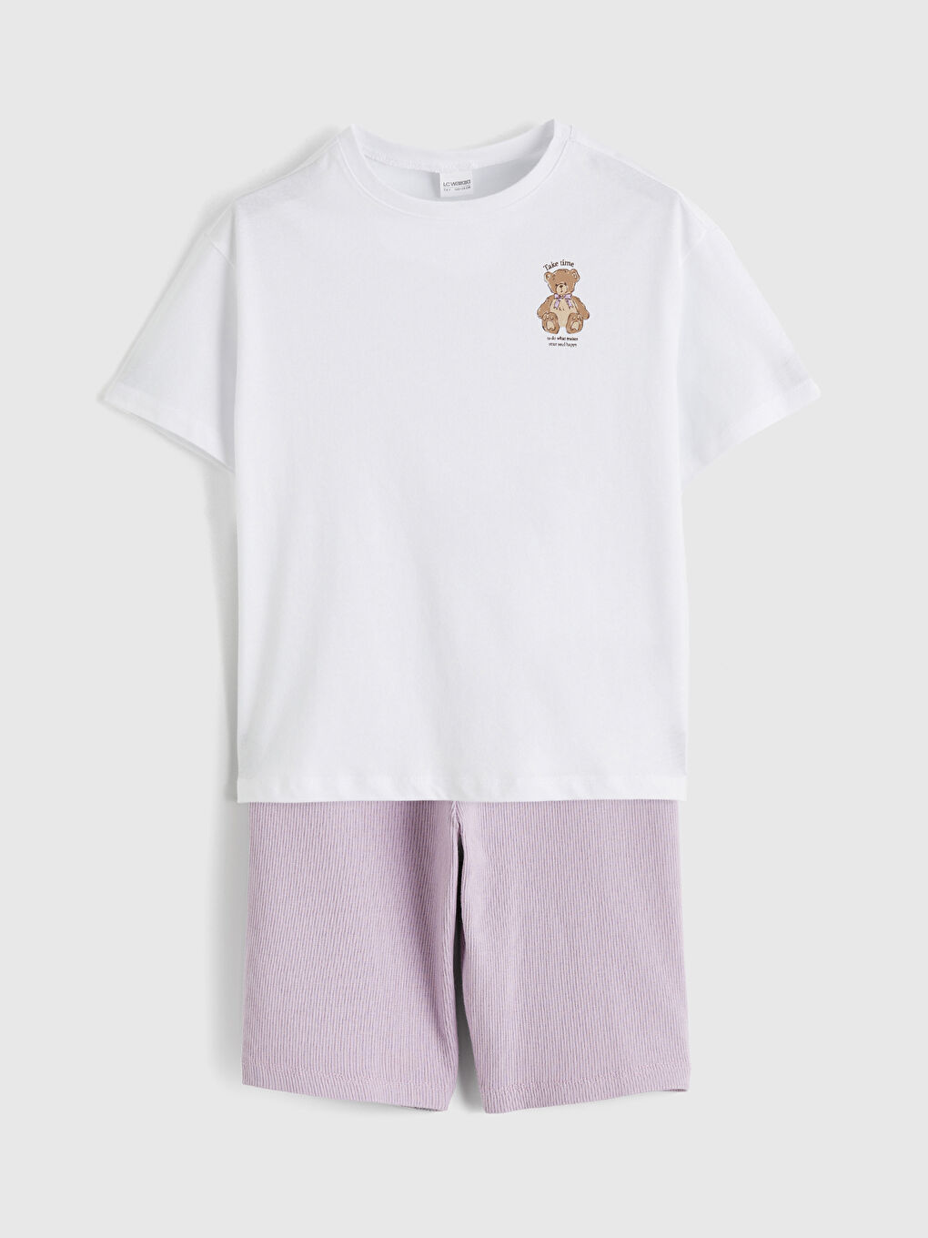 Ekru Bisiklet Yaka Baskılı Kız Çocuk Şortlu Pijama Takımı