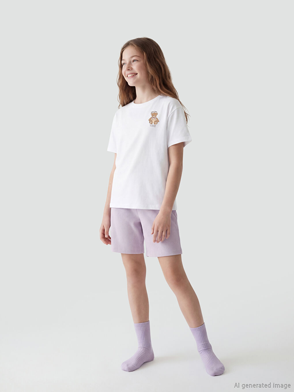 Ekru Bisiklet Yaka Baskılı Kız Çocuk Şortlu Pijama Takımı