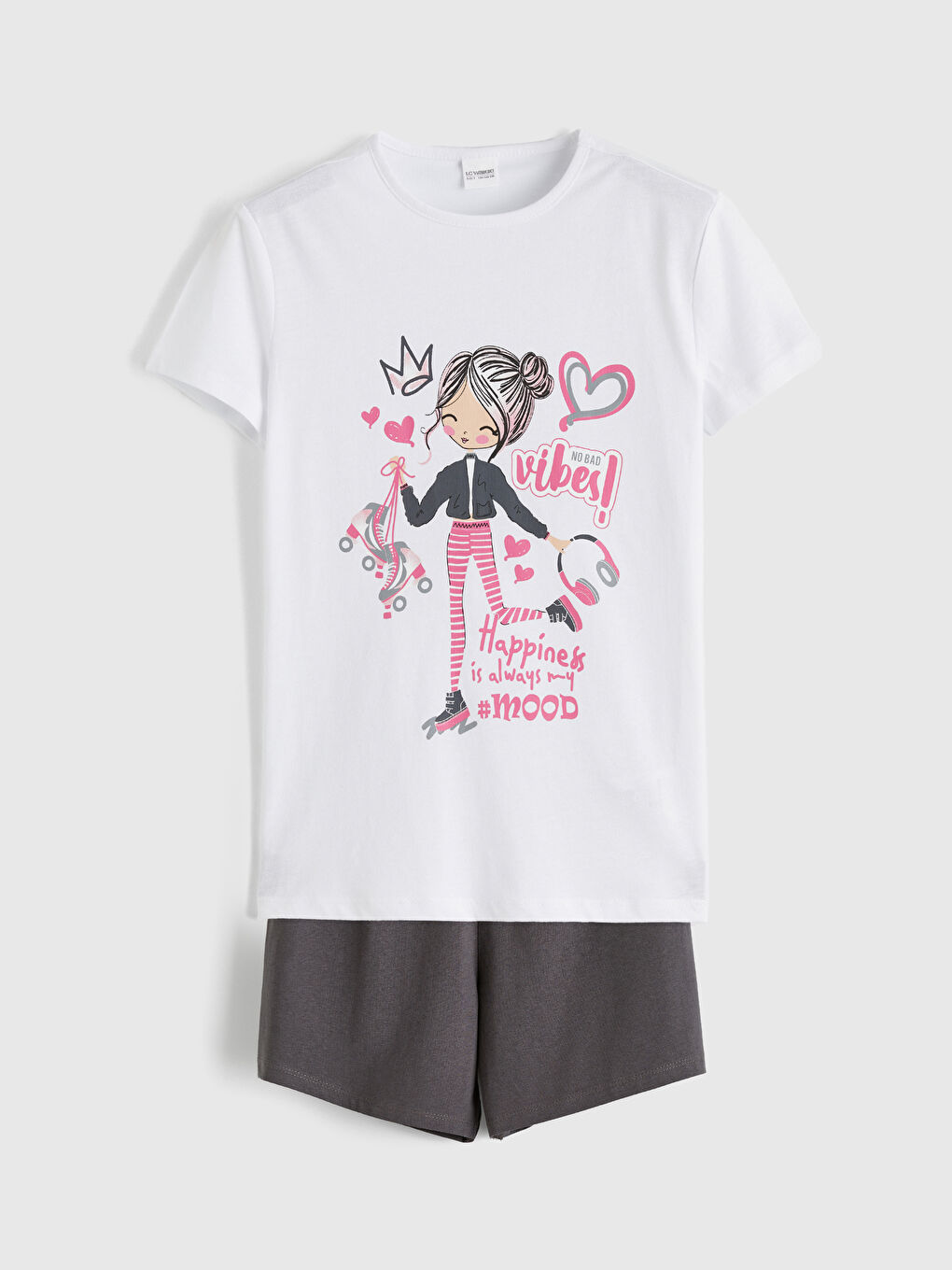 Ekru Baskılı Kız Çocuk Şortlu Pijama Takımı