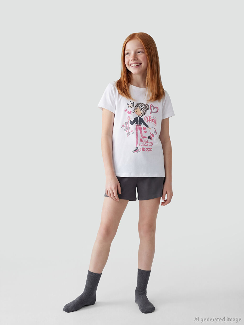 Ekru Baskılı Kız Çocuk Şortlu Pijama Takımı