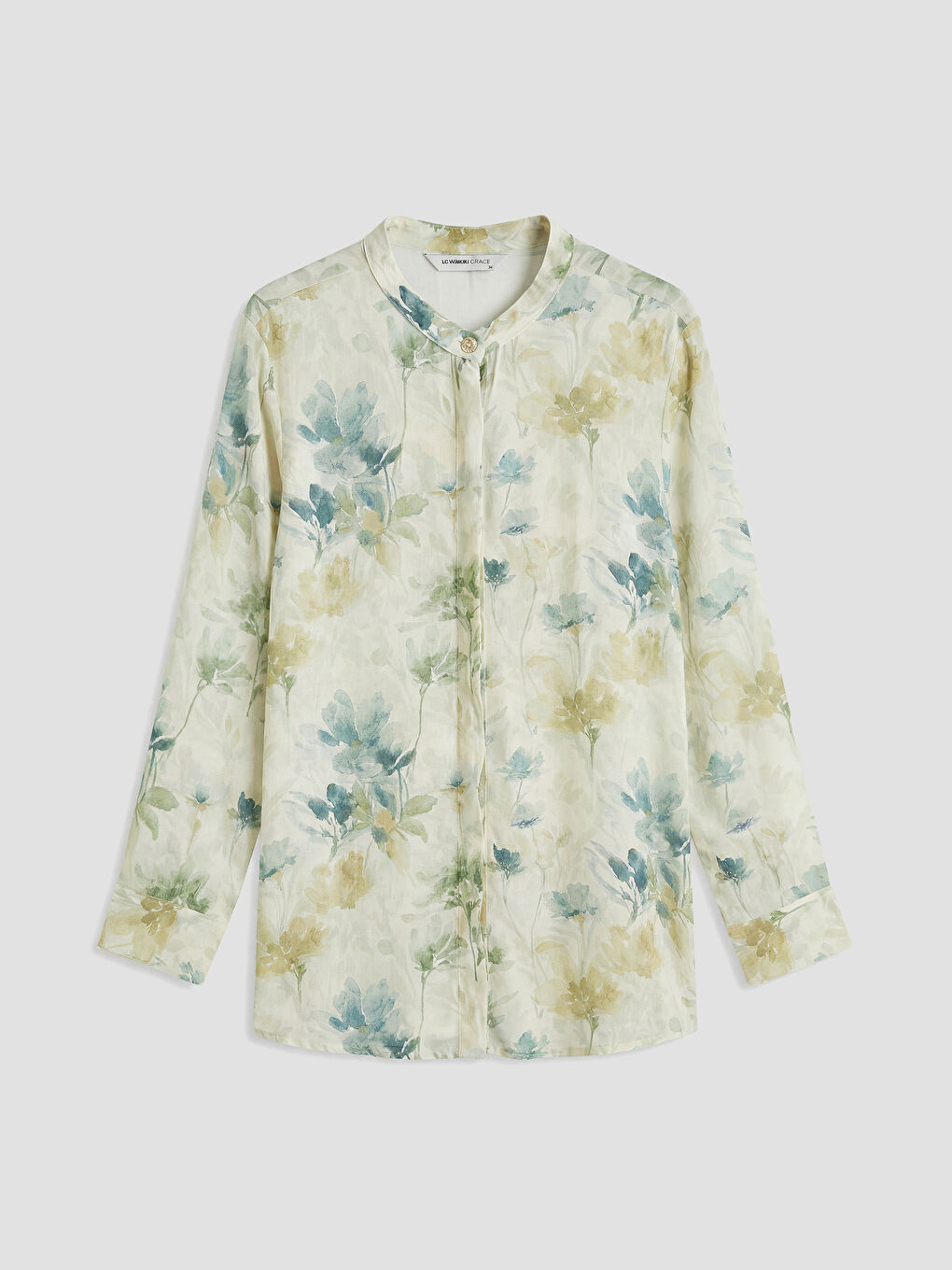 Bej Hakim Yaka Çiçekli Kadın Gömlek Tunik-4