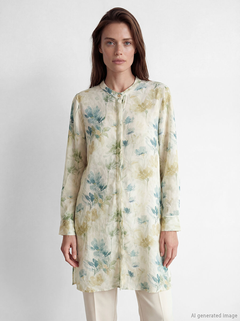 Bej Hakim Yaka Çiçekli Kadın Gömlek Tunik