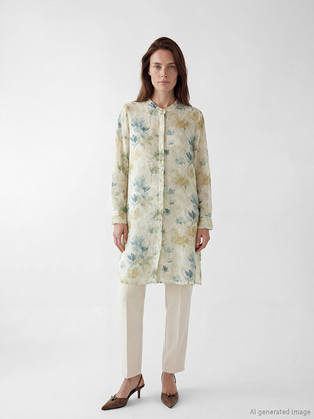 Bej Hakim Yaka Çiçekli Kadın Gömlek Tunik-1