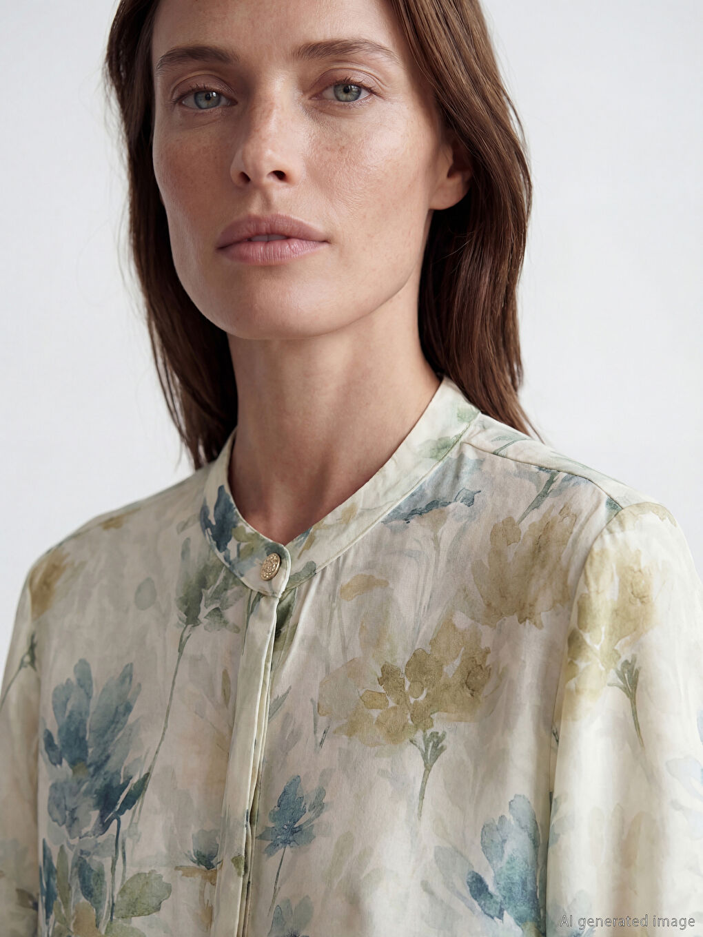 Bej Hakim Yaka Çiçekli Kadın Gömlek Tunik-2