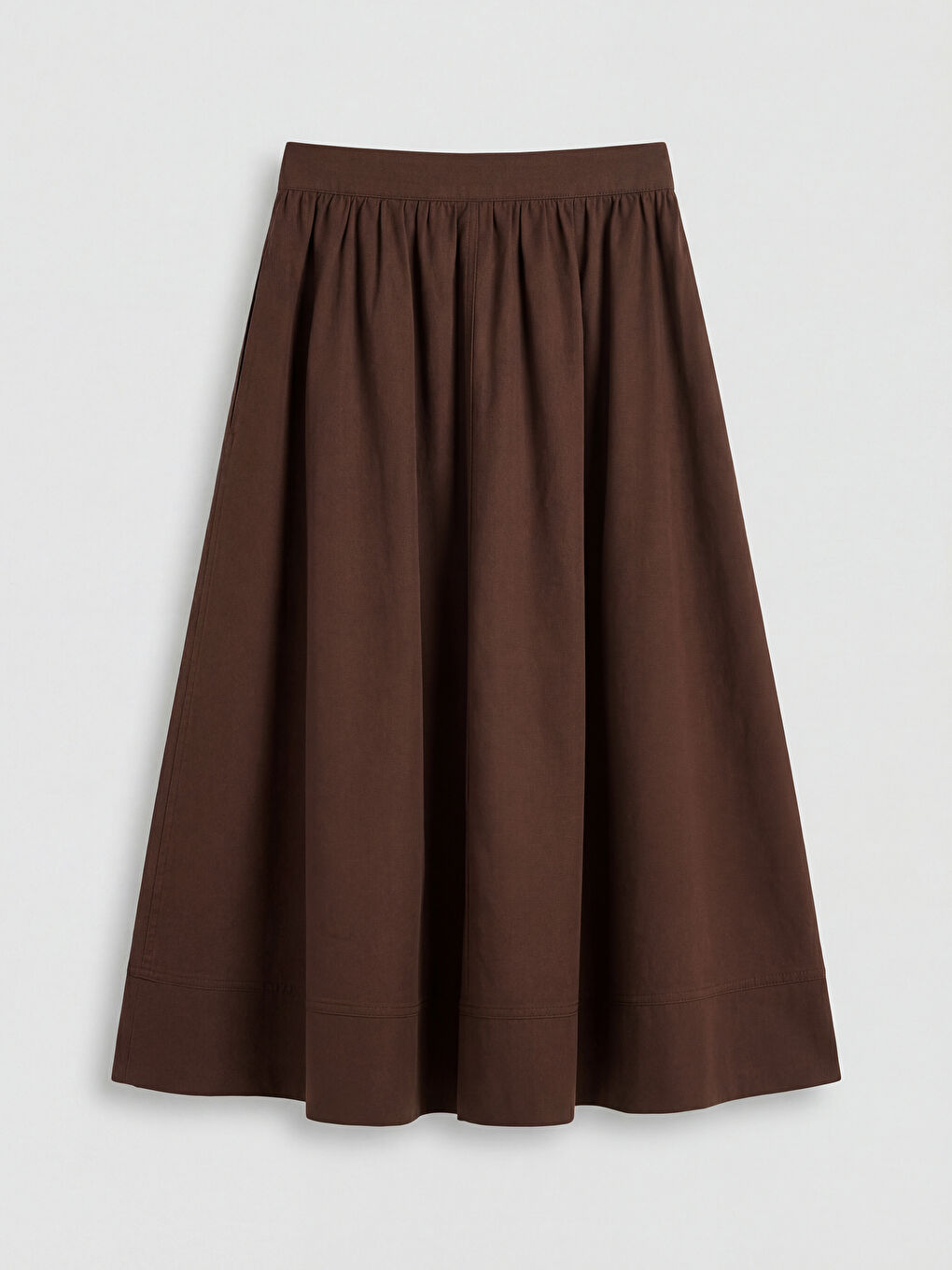 Kahverengi Yüksek Bel Büzgülü Poplin Kloş Etek-1