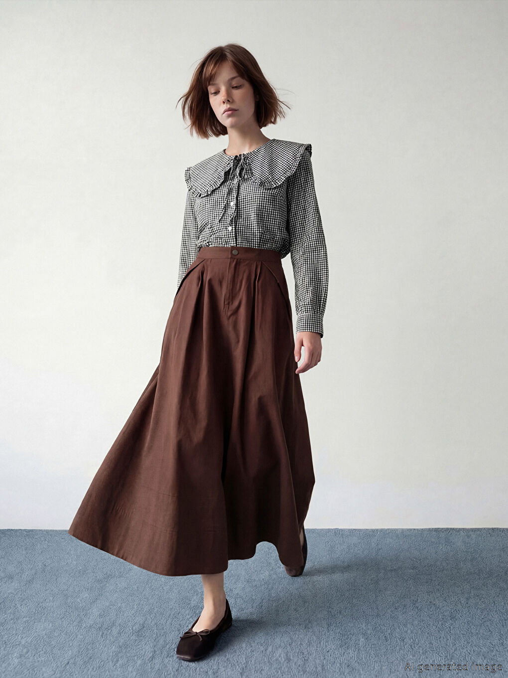 Kahverengi Yüksek Bel Büzgülü Poplin Kloş Etek