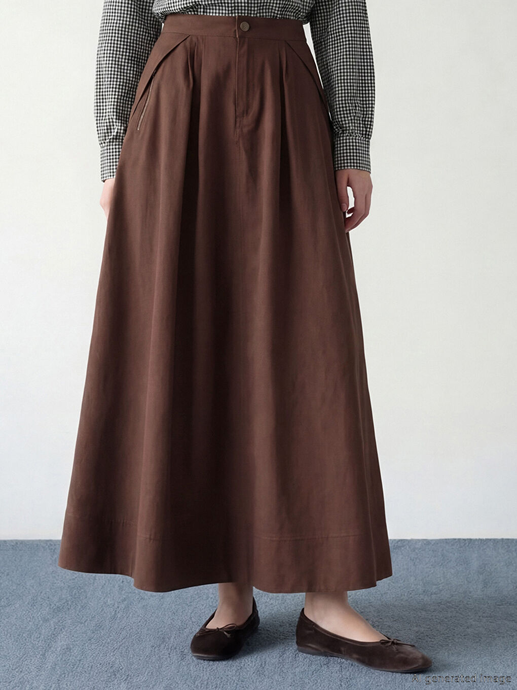 Kahverengi Yüksek Bel Büzgülü Poplin Kloş Etek-2