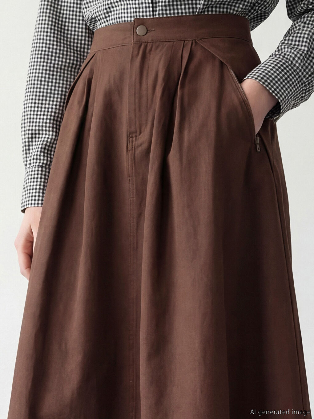 Kahverengi Yüksek Bel Büzgülü Poplin Kloş Etek-4