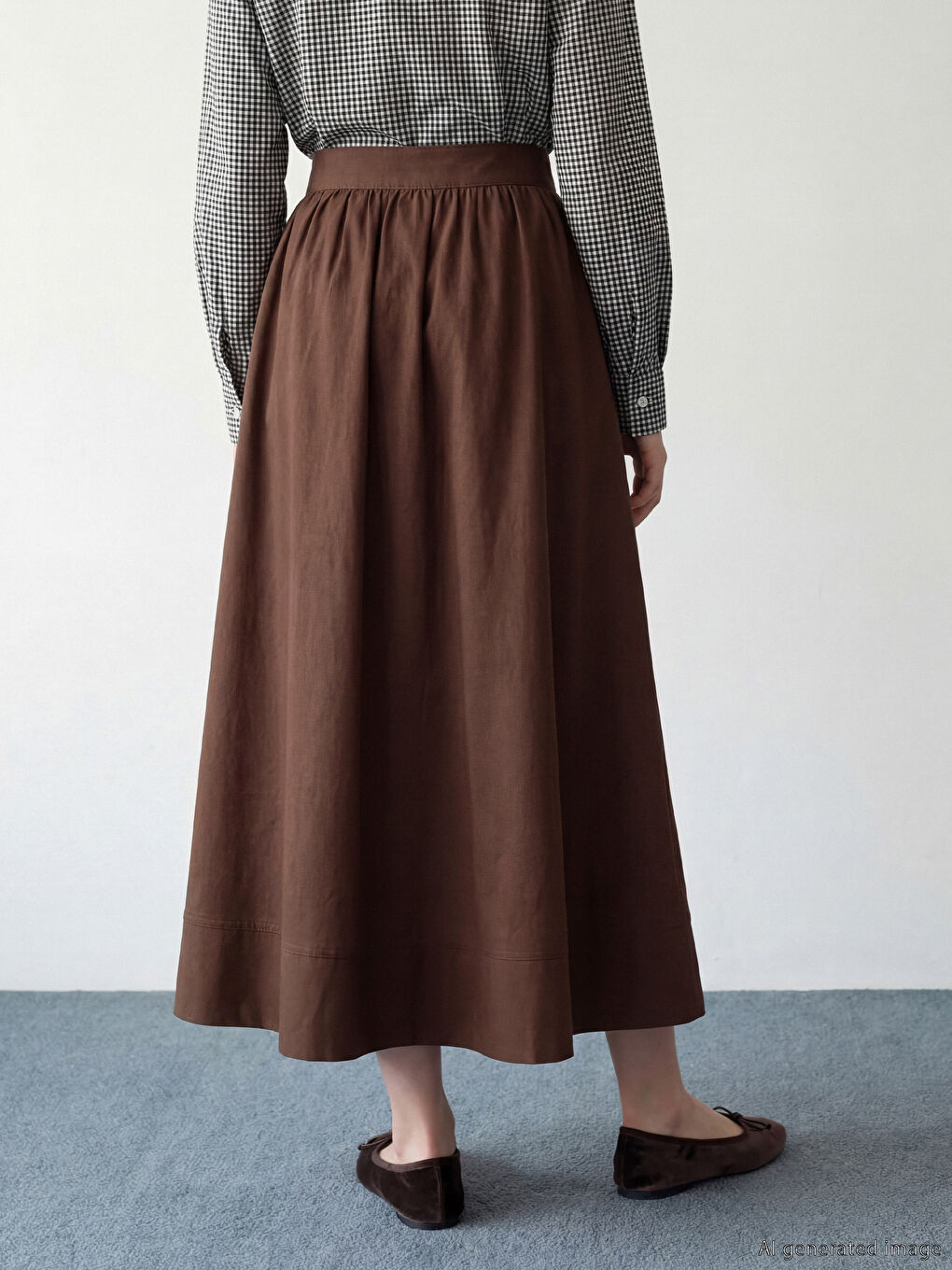 Kahverengi Yüksek Bel Büzgülü Poplin Kloş Etek-6