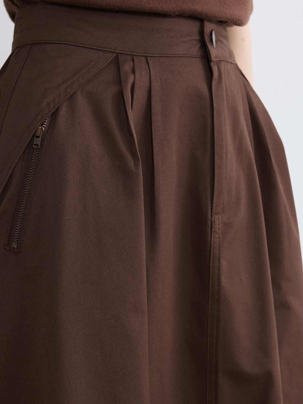 Kahverengi Yüksek Bel Büzgülü Poplin Kloş Etek-5
