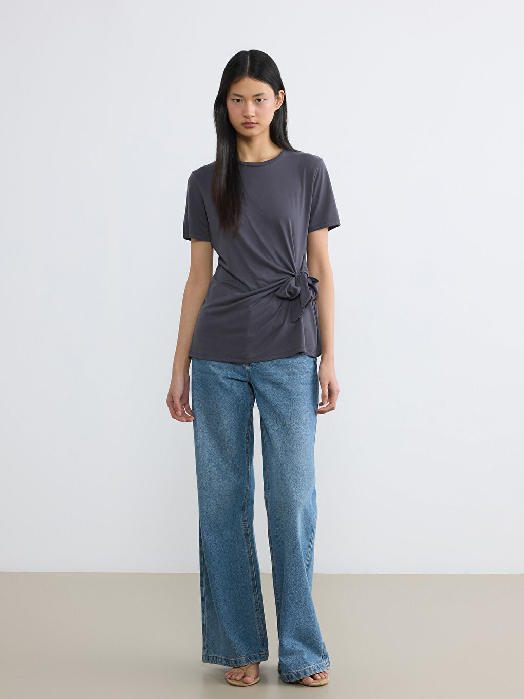 Antrasit Bisiklet Yaka Yandan Bağlama Detaylı Bluz-1