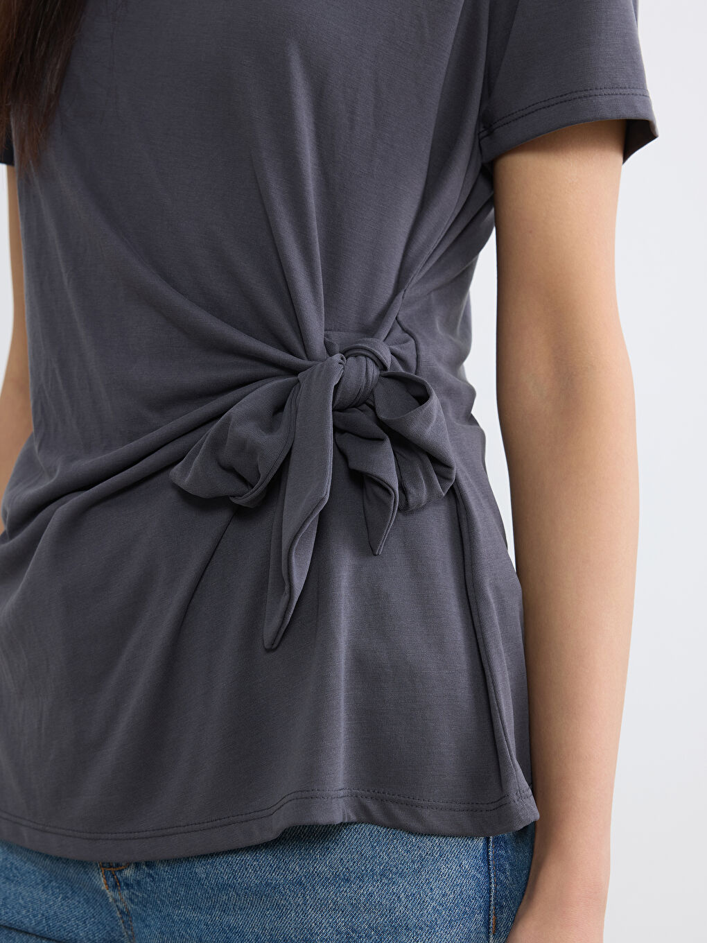 Antrasit Bisiklet Yaka Yandan Bağlama Detaylı Bluz-2