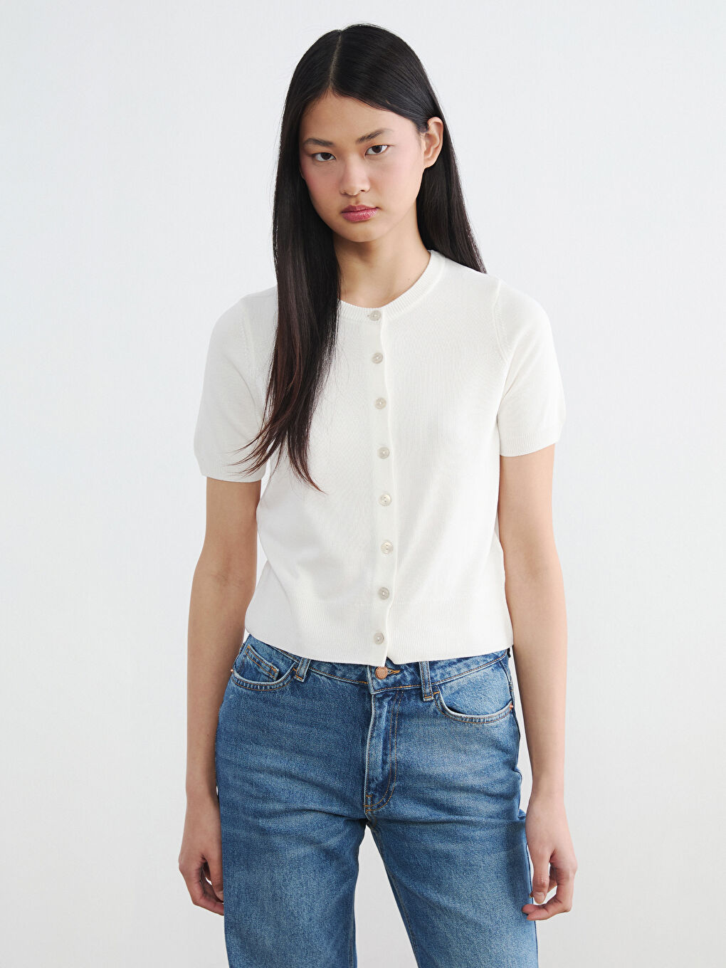 Ekru Bisiklet Yaka Kadın Triko Hırka