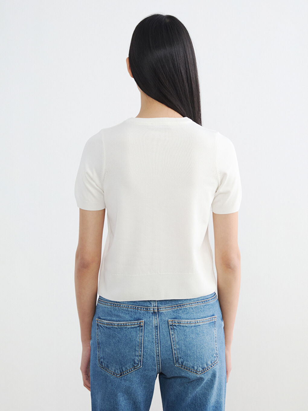 Ekru Bisiklet Yaka Kadın Triko Hırka-3