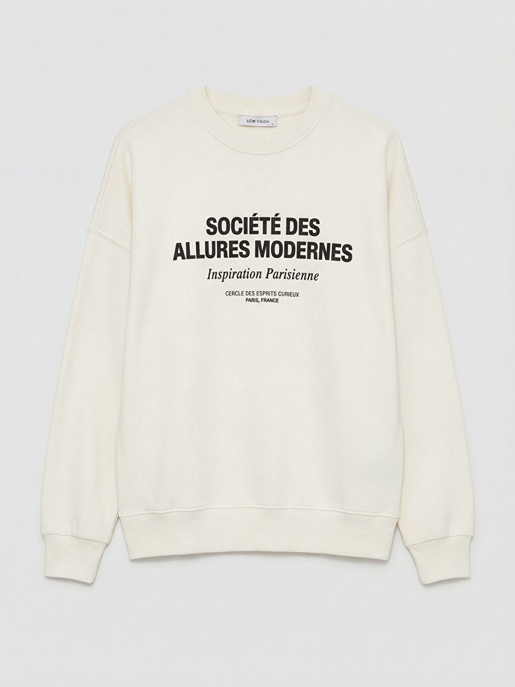 Ekru Bisiklet Yaka Baskılı Oversize Kadın Sweatshirt-4