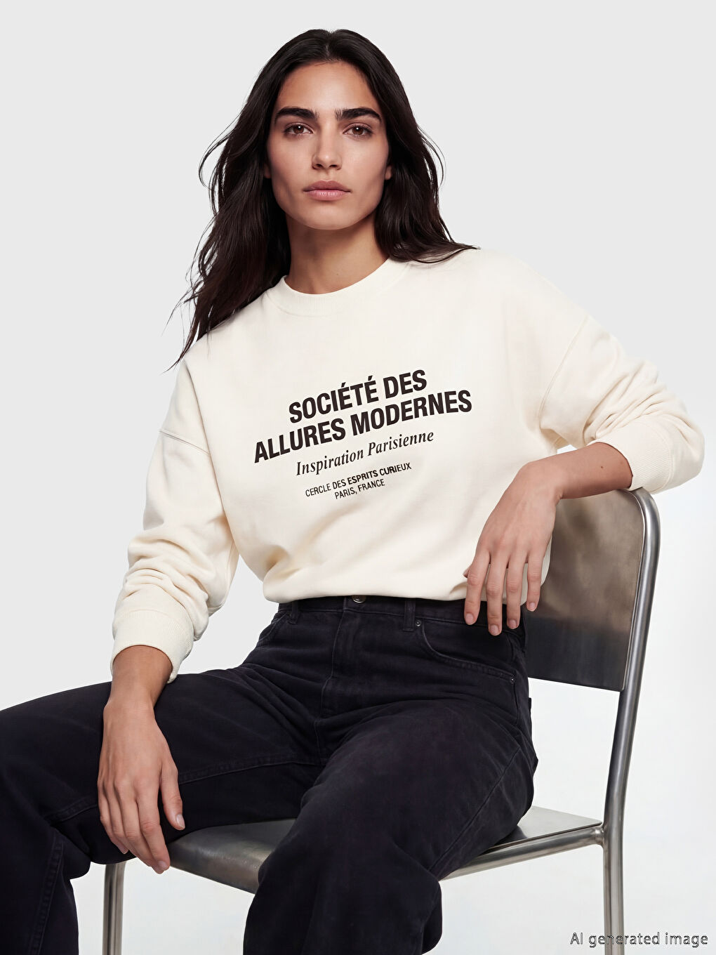 Ekru Bisiklet Yaka Baskılı Oversize Kadın Sweatshirt