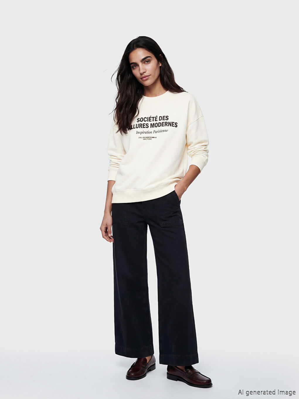 Ekru Bisiklet Yaka Baskılı Oversize Kadın Sweatshirt-1