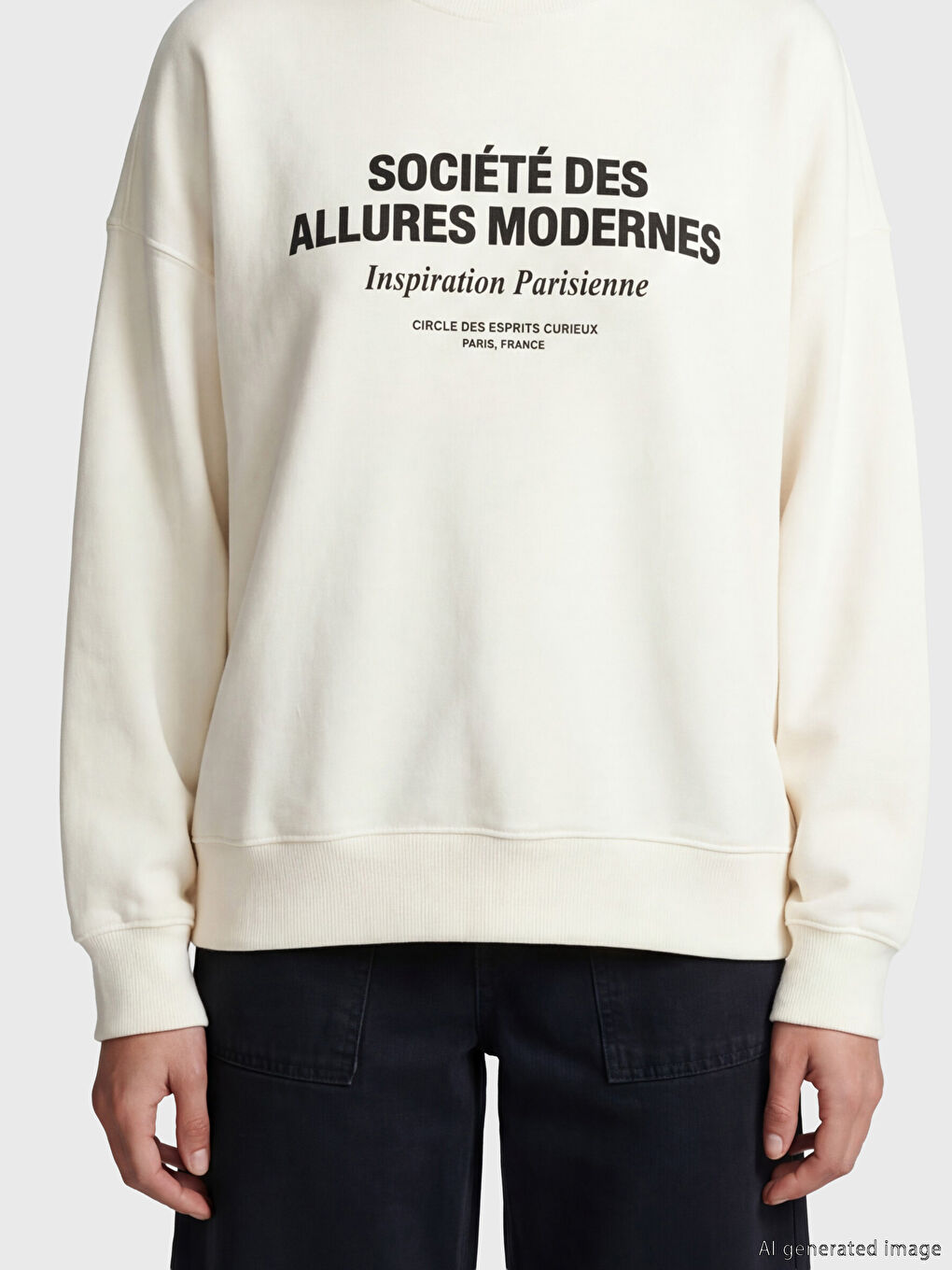 Ekru Bisiklet Yaka Baskılı Oversize Kadın Sweatshirt-2