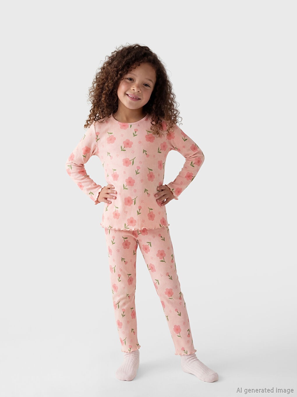 Pembe Çiçekli Kız Çocuk Pijama Fitilli Takımı