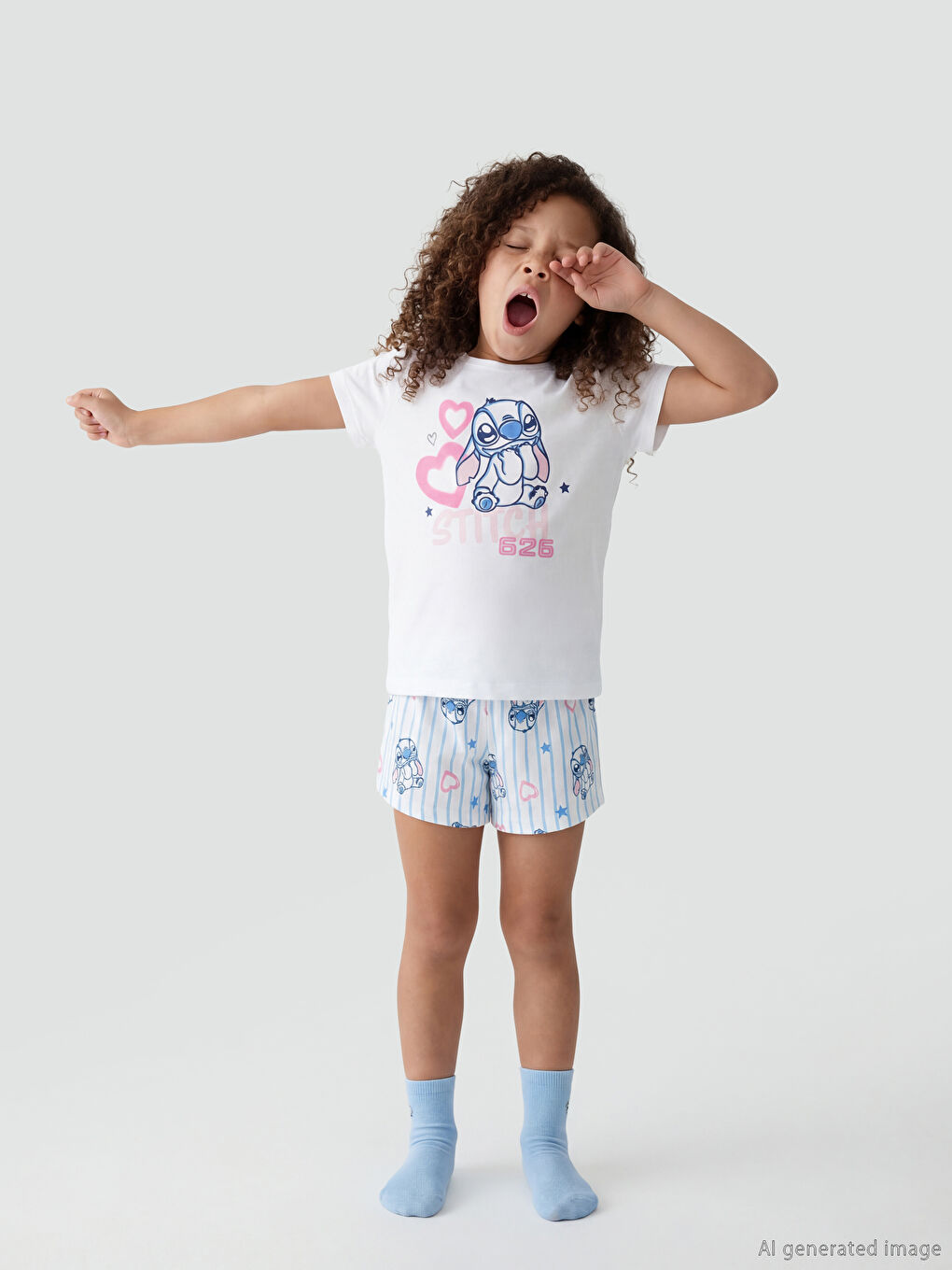 Ekru Stitch Baskılı Kız Çocuk Şortlu Pijama Takımı