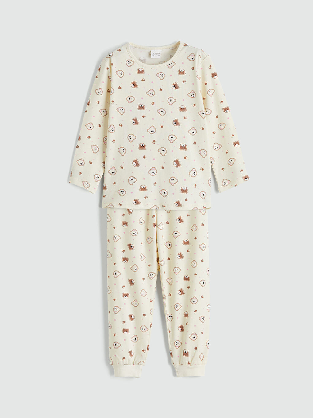 Ekru Bisiklet Yaka Baskılı Kız Çocuk Pijama Takımı