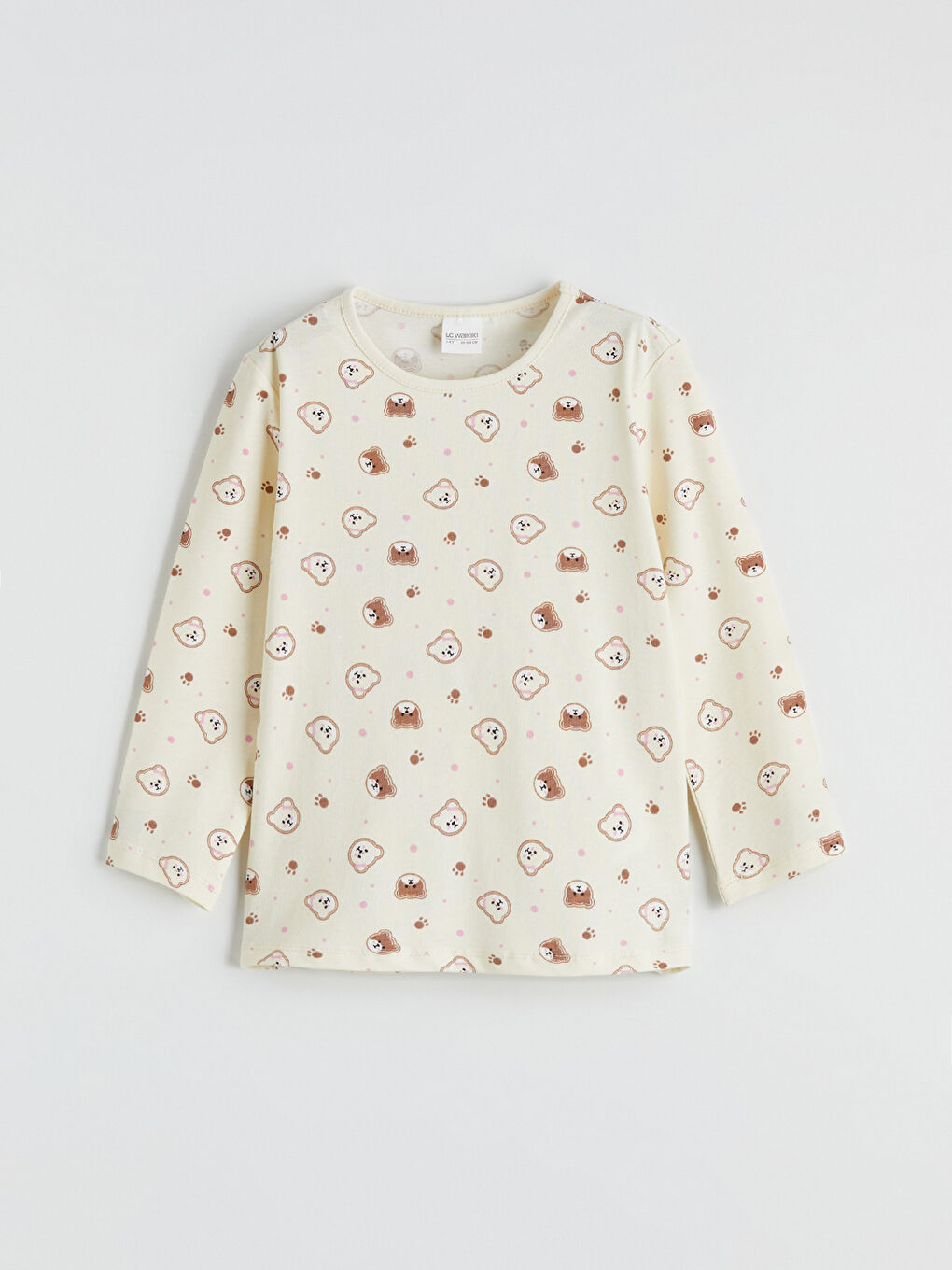 Ekru Bisiklet Yaka Baskılı Kız Çocuk Pijama Takımı-1