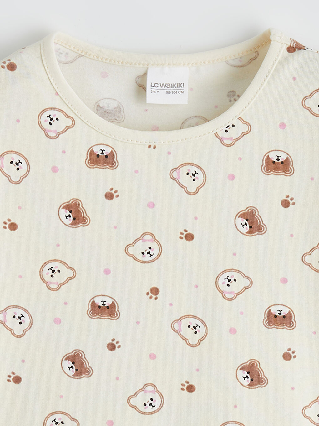 Ekru Bisiklet Yaka Baskılı Kız Çocuk Pijama Takımı-2