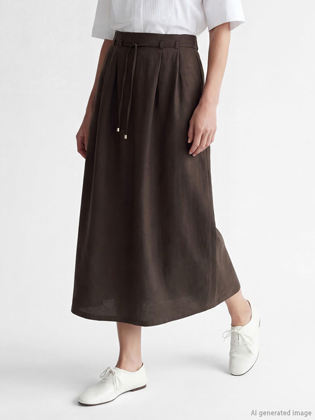 Haki Beli Lastikli Keten Görünümlü Etek-1