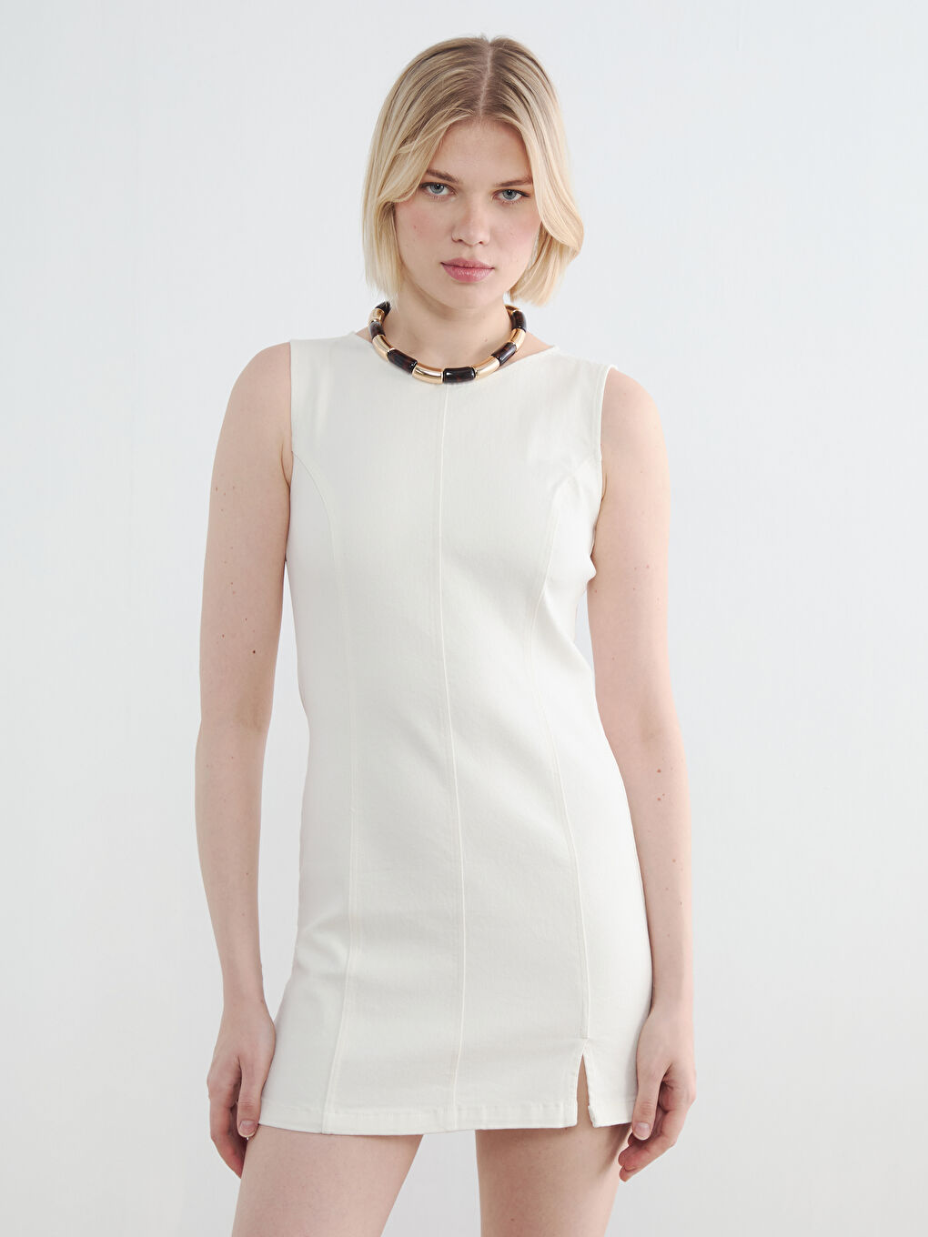 Beyaz Mini Jean Elbise-1