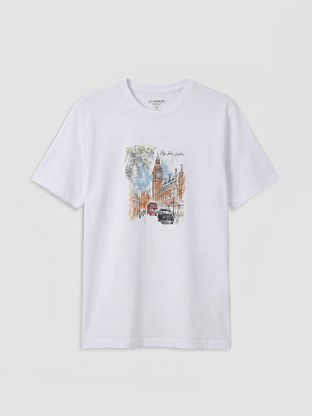Beyaz  Bisiklet Yaka London Baskılı Erkek Tişört