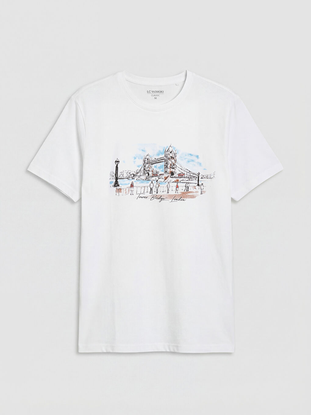 Beyaz Bisiklet Yaka Londra Baskılı Erkek Tişört