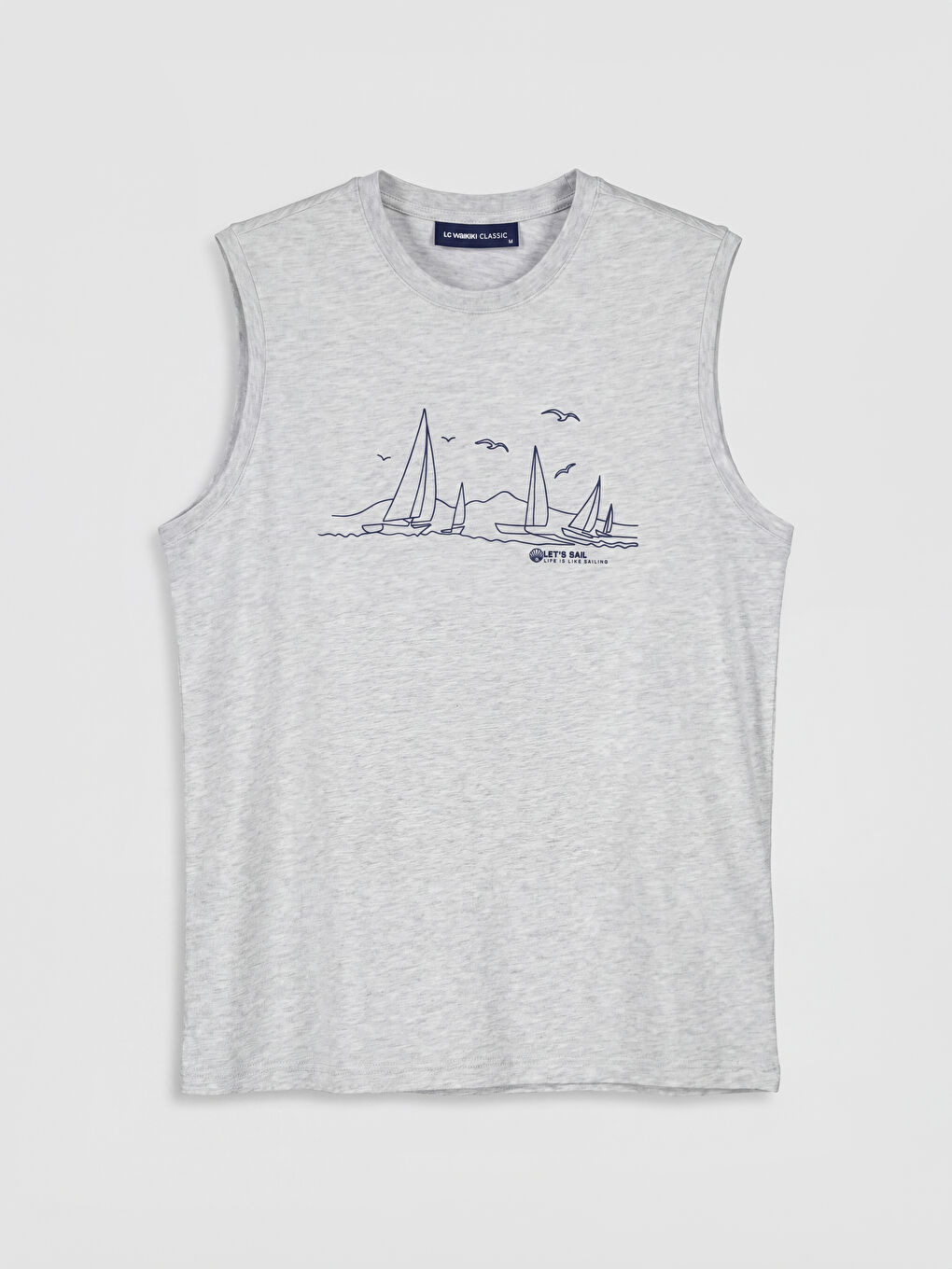 Bej Bisiklet Yaka Baskılı Erkek Kolsuz Tişört