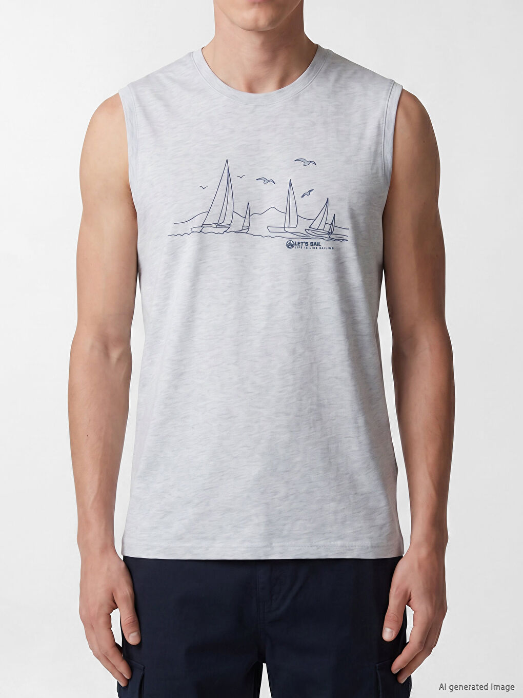 Tricou fără mâneci pentru bărbați cu imprimeu și guler rotund-2