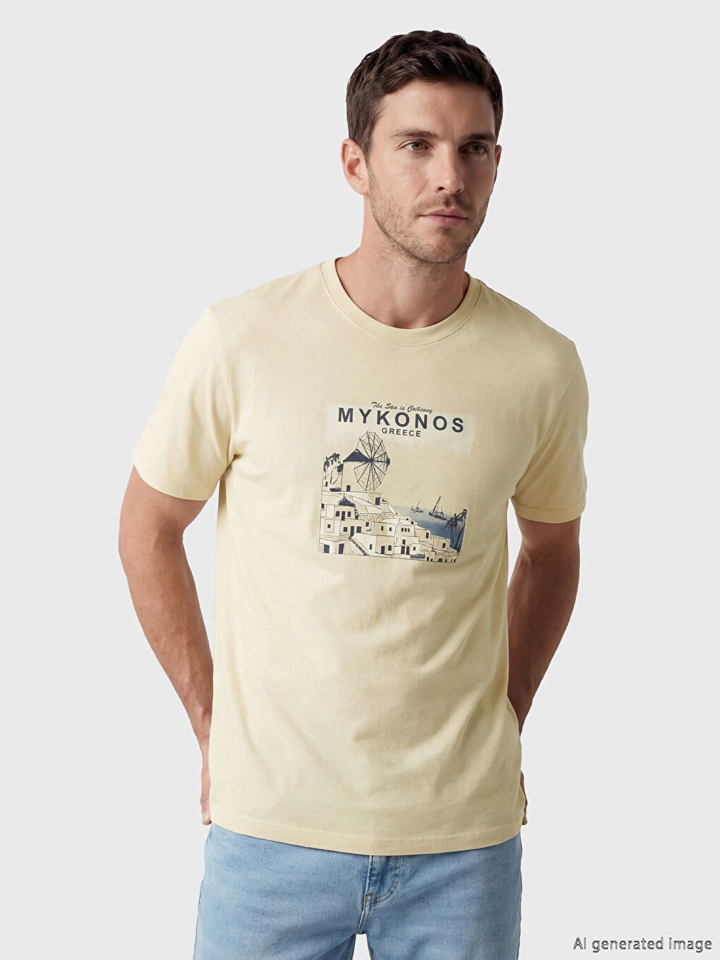 Sarı Bisiklet Yaka Mykonos Baskılı Erkek Tişört