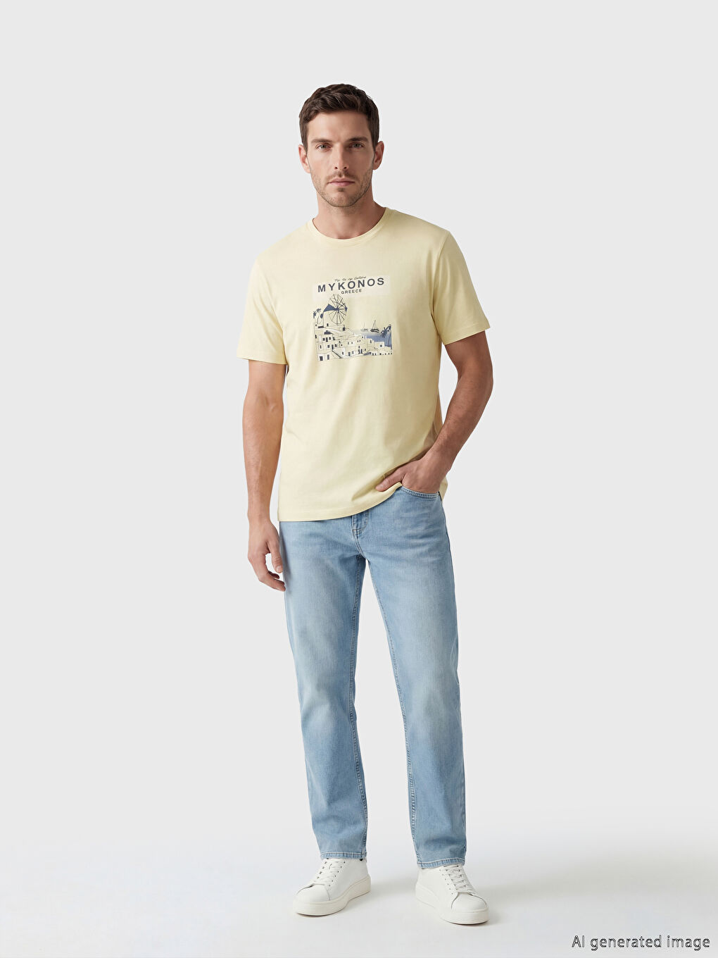 Sarı Bisiklet Yaka Mykonos Baskılı Erkek Tişört-1