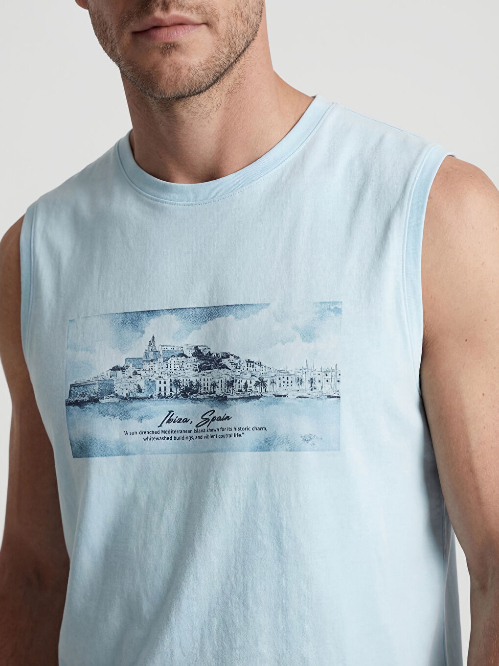 Mavi Bisiklet Yaka Ibiza Baskılı  Erkek Kolsuz Tişört-3