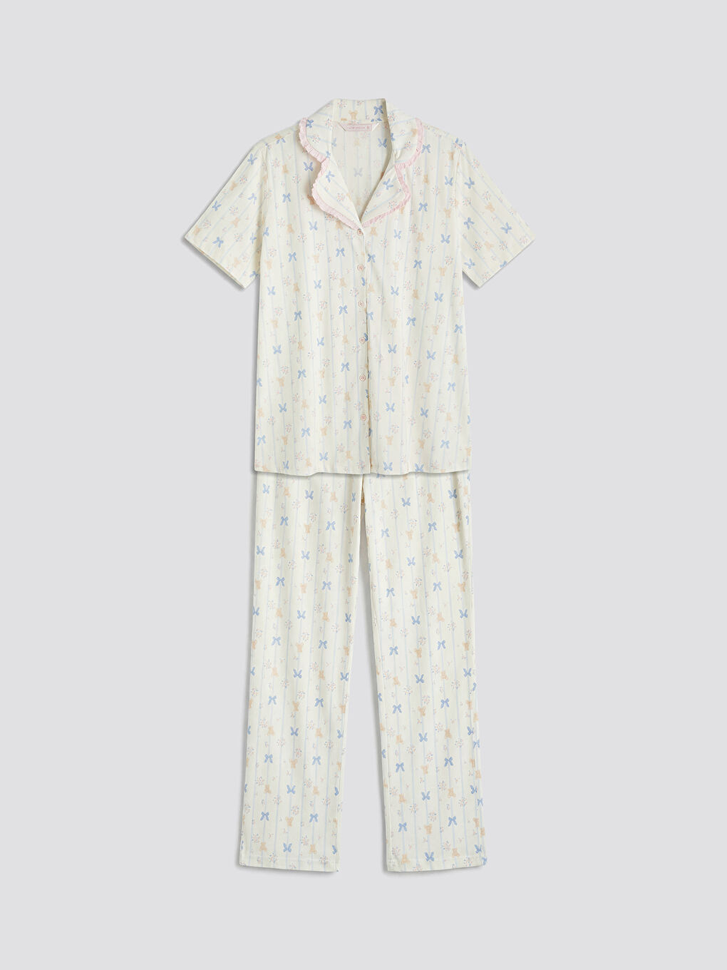 Ekru Gömlek Yaka Desenli Hamile Pijama Takım