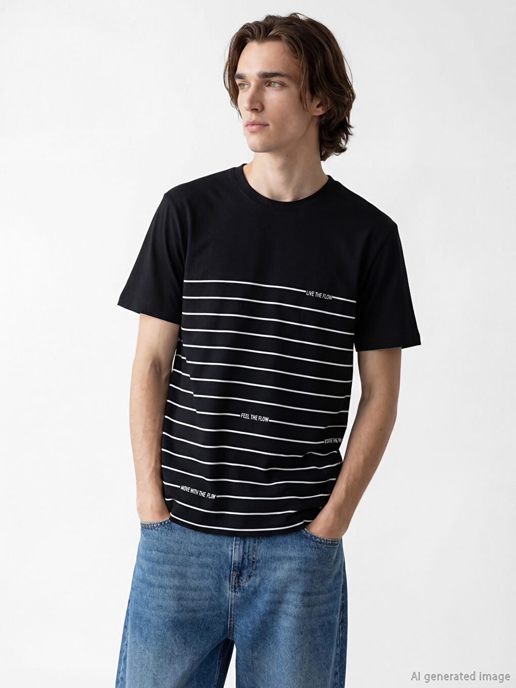 Siyah Bisiklet Yaka Çizgili Penye Erkek Tişört