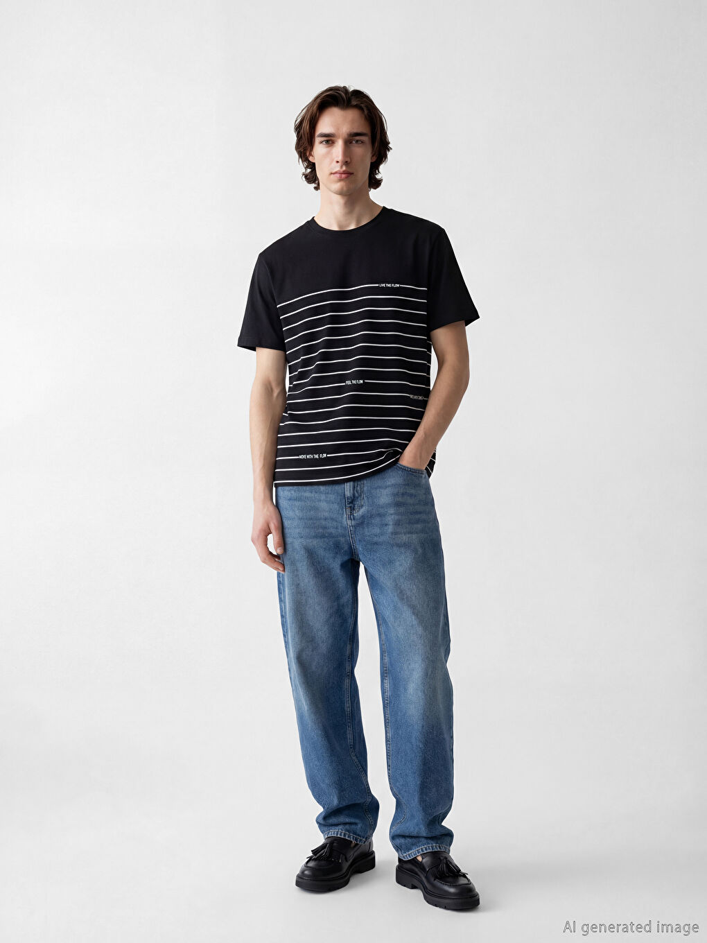 Siyah Bisiklet Yaka Çizgili Penye Erkek Tişört-1