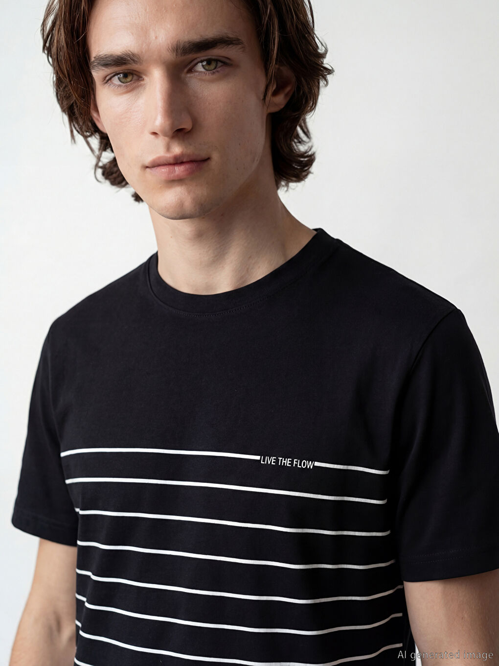 Siyah Bisiklet Yaka Çizgili Penye Erkek Tişört-2