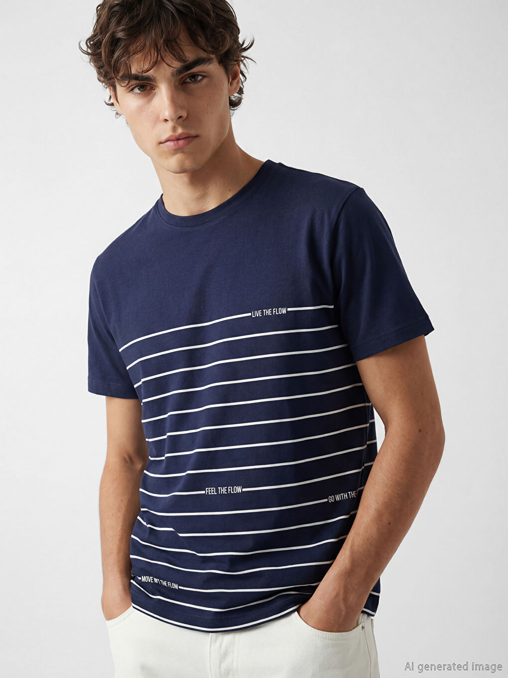 Lacivert Bisiklet Yaka Çizgili Penye Erkek Tişört