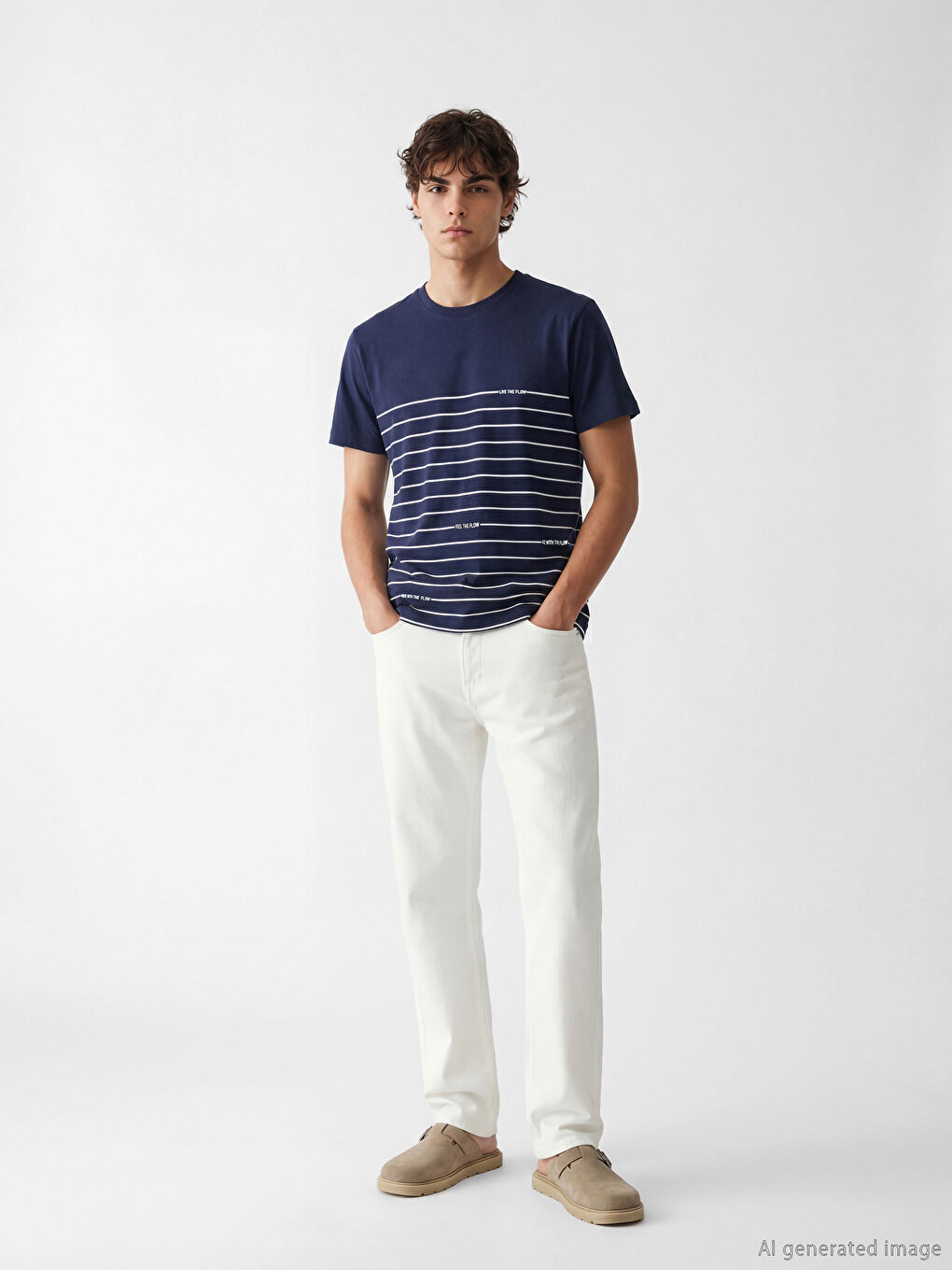 Lacivert Bisiklet Yaka Çizgili Penye Erkek Tişört-1