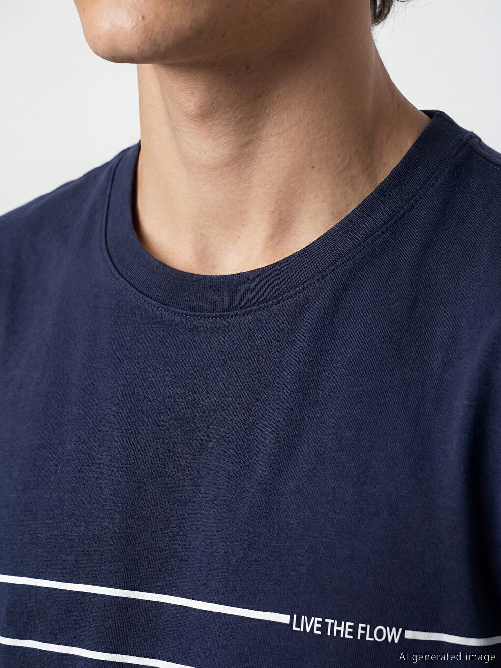 Lacivert Bisiklet Yaka Çizgili Penye Erkek Tişört-2