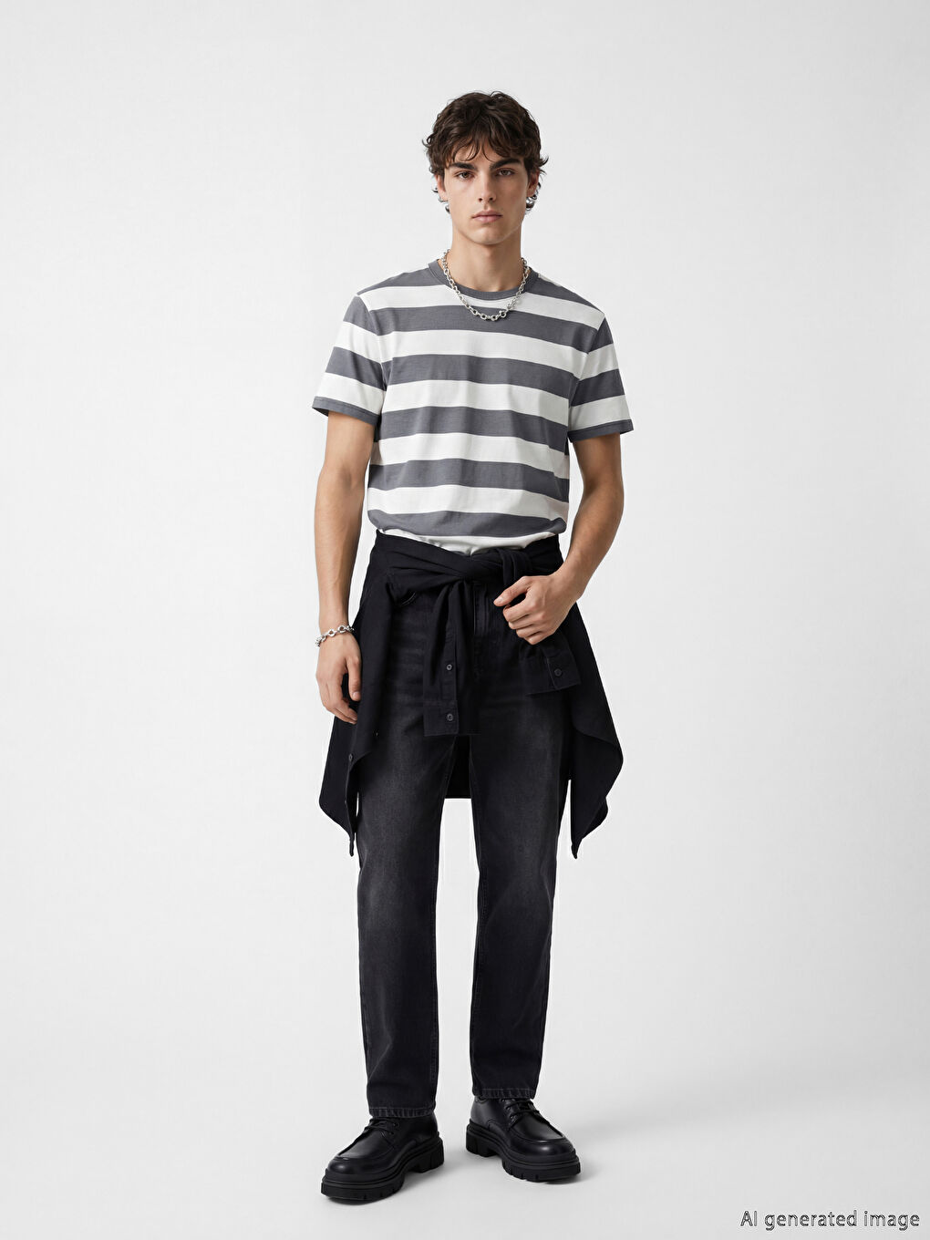 Gri Bisiklet Yaka Çizgili Erkek Tişört-1